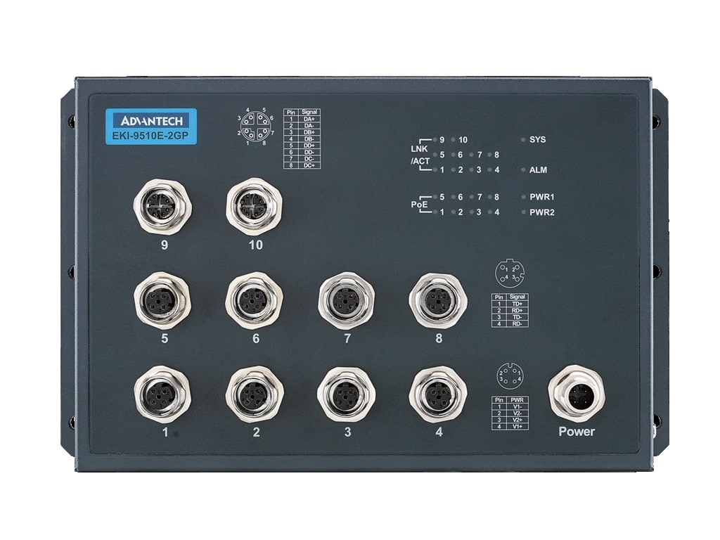 EKI-9510E-2GPL-AE - Unmanaged POE-Switch mit 8x 10/100 M12 Ports mit PoE und 2GB M12 Ports