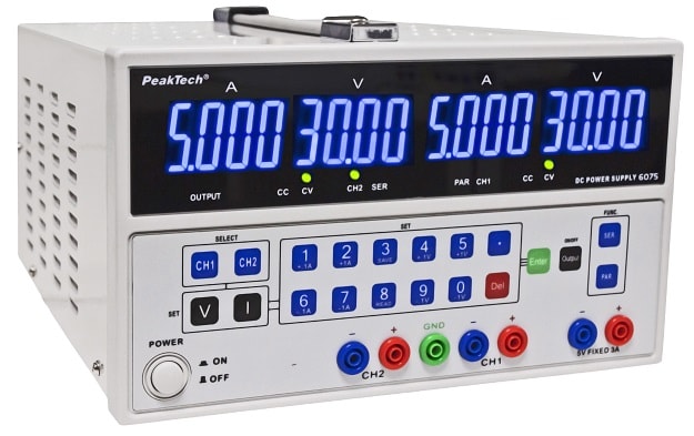 P-6075 Digital Labornetzgerät 3-fach DC Netzgerät (2x 0-30V/0-5A und 5V/3A fest)